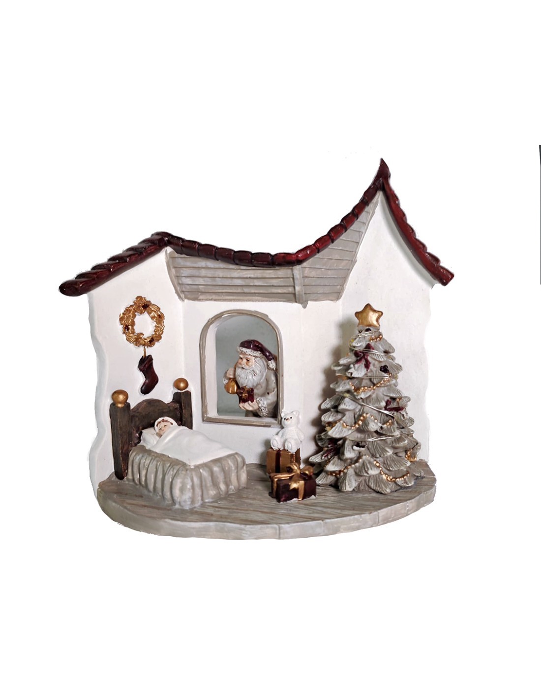 STATUA RESINA CASETTA BABBO NATALE GRIGIO CON LED 18X11X17CM