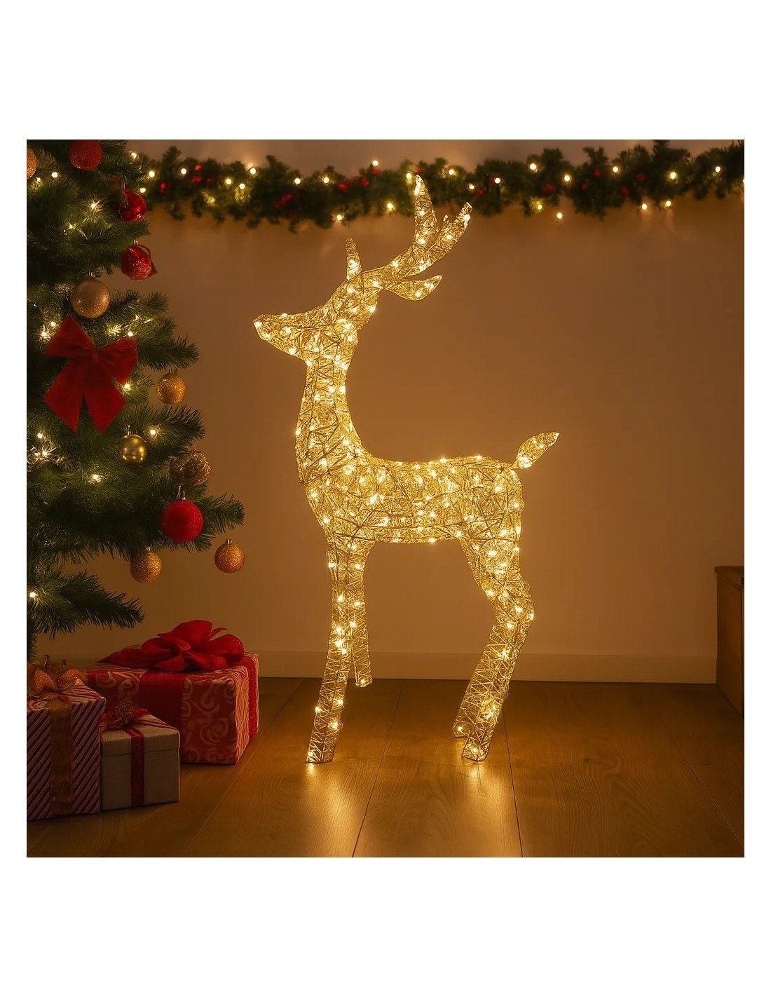 Renna di Natale Oro Metallo 25,5x10x38cm con 30 Luci, Decorazioni Natalizie, Addobbi, La magia di Natale per la casa