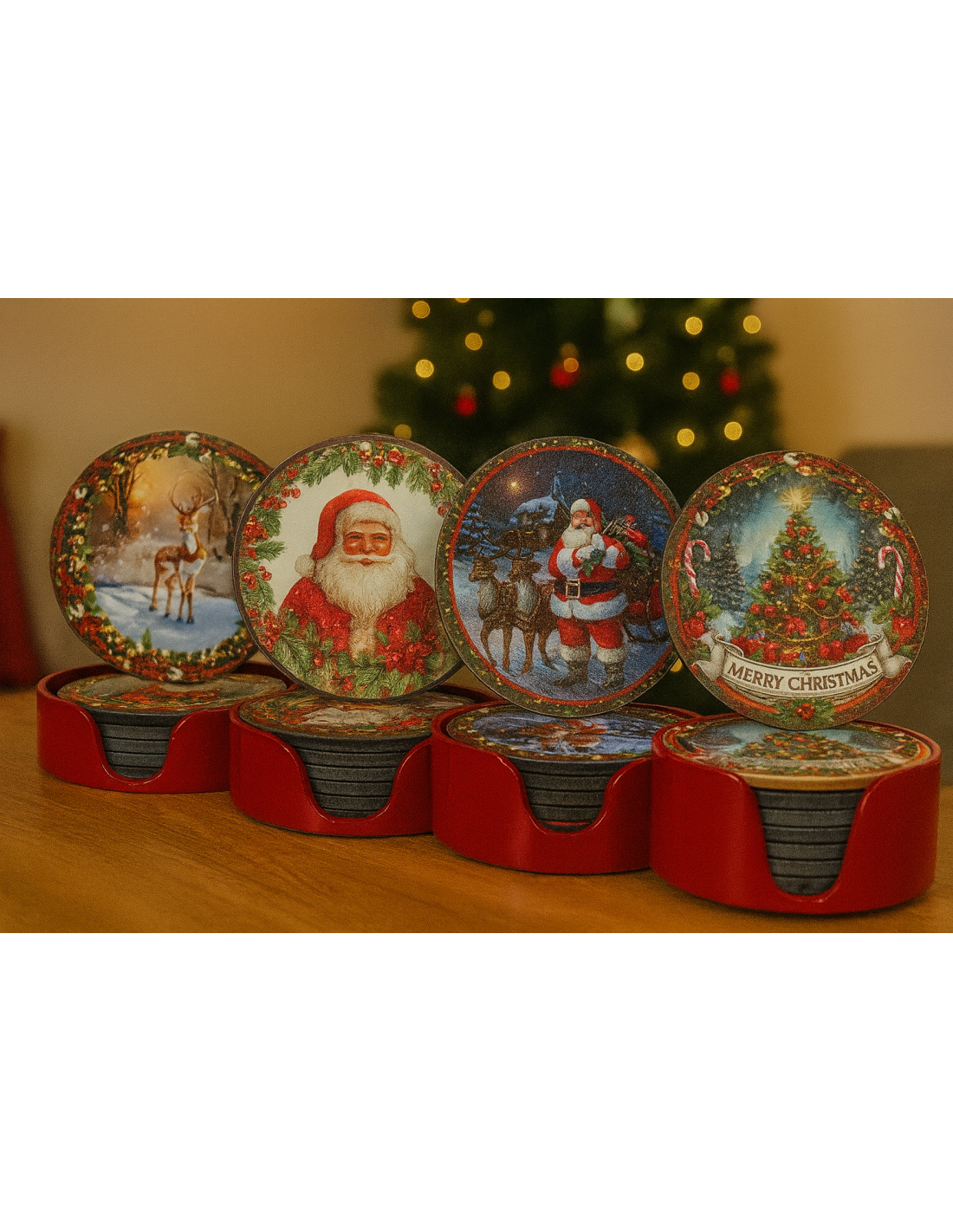 Set 8 Sottobicchieri di Natale con Contenitore, Decoro Natalizio Assortito, Accessori Tavola, La magia di Natale per la casa