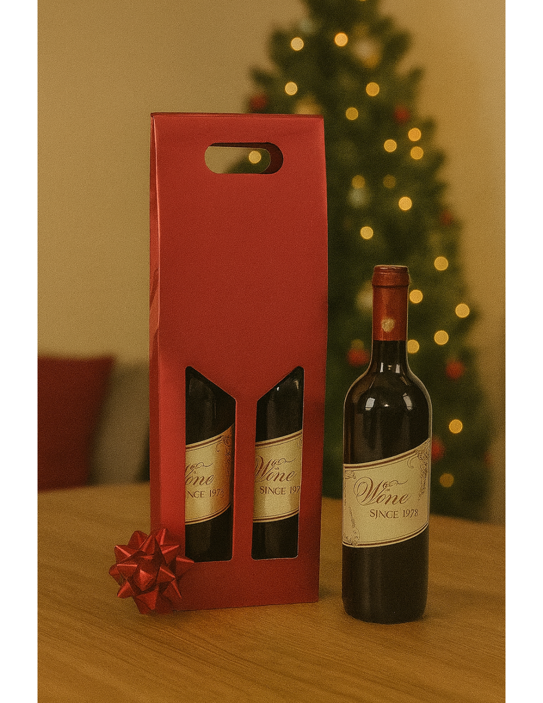 Box Portabottiglia 2 Posti di Natale Rosso Metallizzato, Confezione Regalo Vino, La magia di Natale per la casa