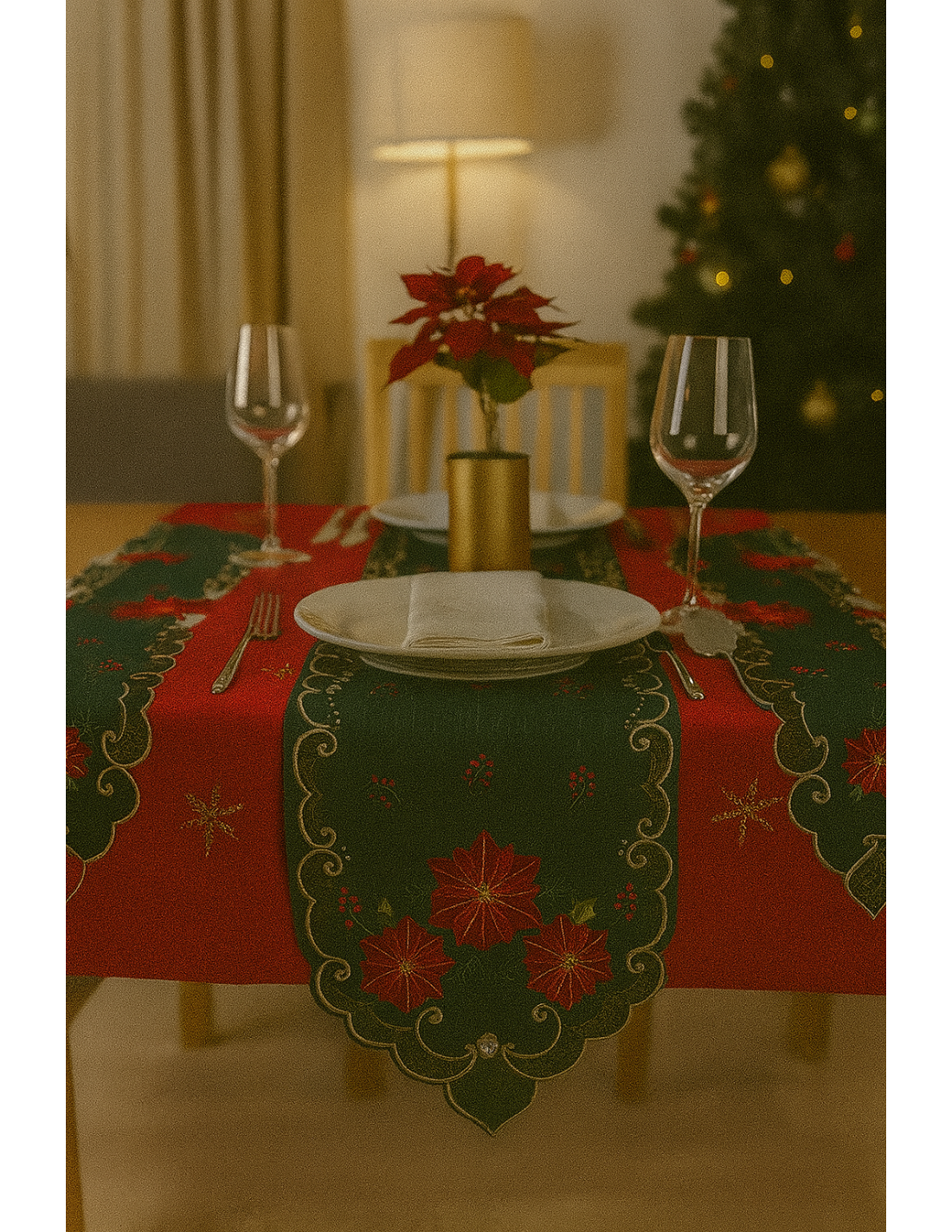 Runner di Natale Tessuto Verde 40x180cm con Decoro Stella di Natale,  La magia di Natale per la casa