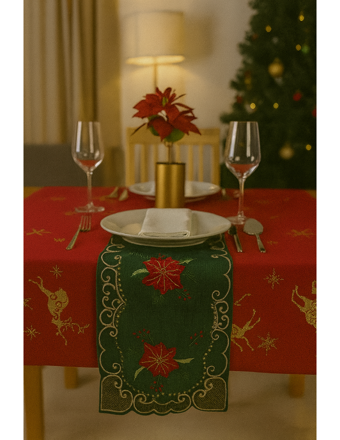 Tovaglietta di Natale Tessuto Verde 30x45cm con Decoro Stella di Natale, La magia di Natale per la casa