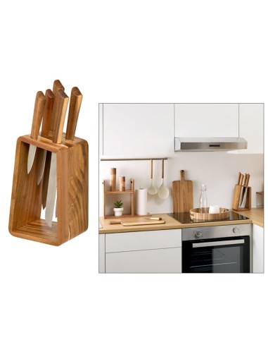 Ceppo con 5 coltelli in acciaio inox e manico in acacia – Supporto in legno