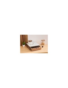 Porta Capsule con 1 Cassetto – L 30 x P 30 x H 9,7 cm, Acacia e Vetro Beige