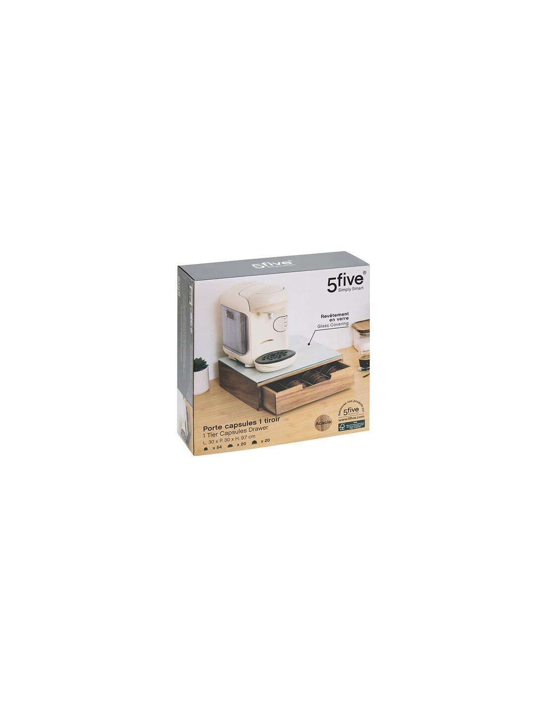 Porta Capsule con 1 Cassetto – L 30 x P 30 x H 9,7 cm, Acacia e Vetro Beige