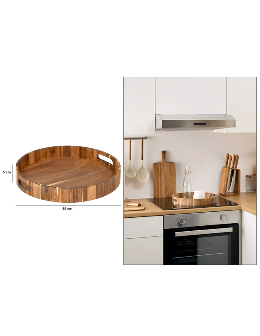 Vassoio Rotondo in Acacia con 2 Manici – Ø 35 x H 5 cm