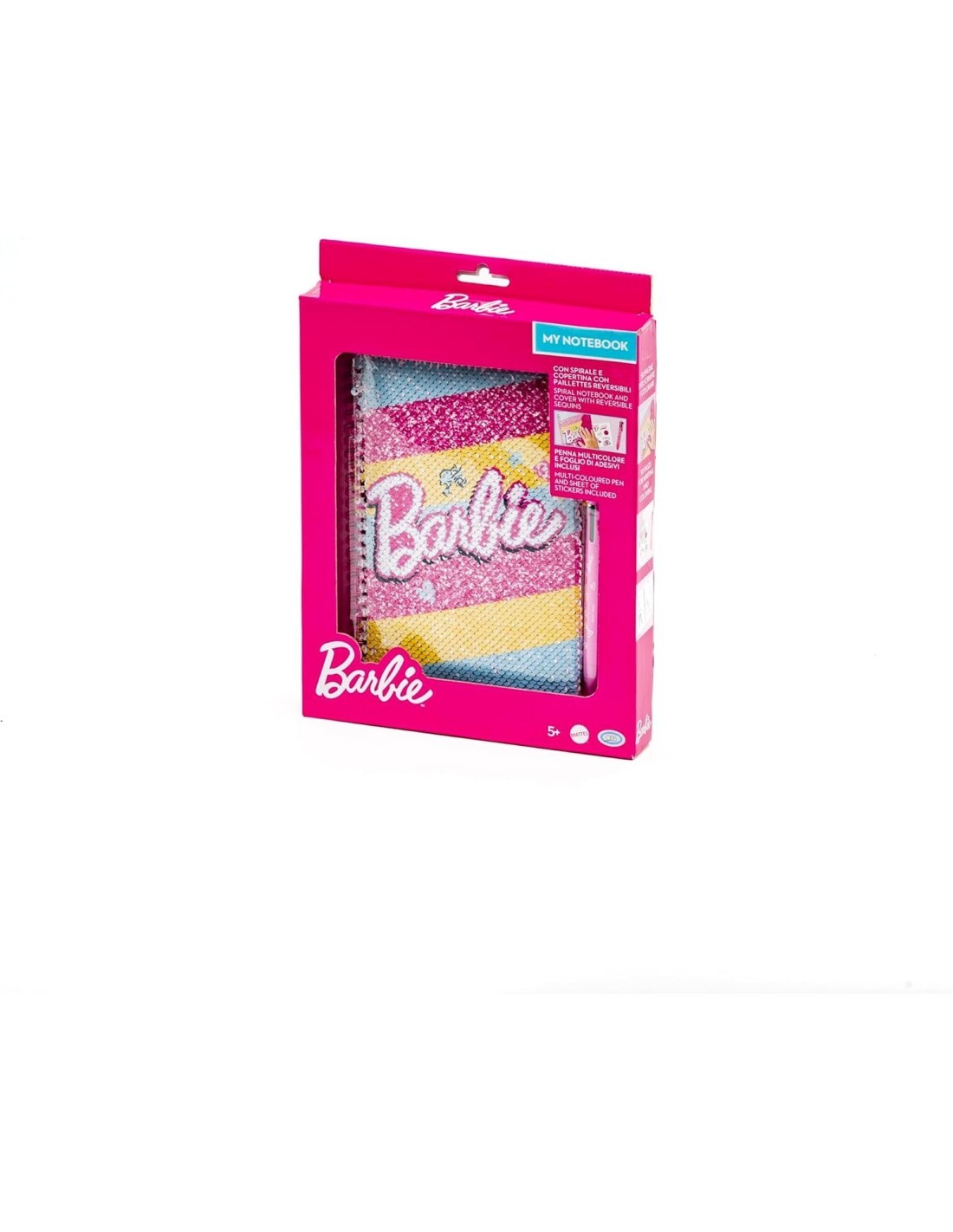 BARBIE MY NOTEBOOK, QUADERNO CON PAILLETTES REVERSIBILI, 15X21 CM, PAGINE A RIGHE E BIANCHE, STICKERS E PENNA MULTICOLOR