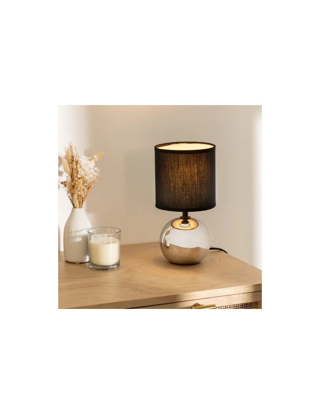 Atmosphera Lampada in Ceramica Piede a Sfera Argento e Paralume Nero