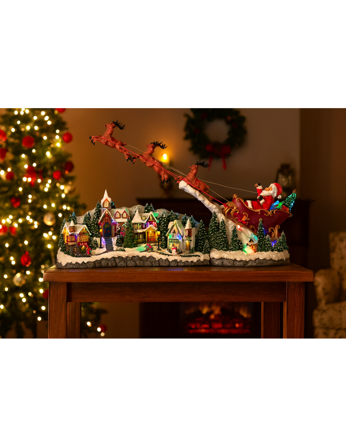 Villaggio di Natale con slitta 97x25x47cm, movimento musica luci, decorazione scenografica, la magia di Natale per la casa