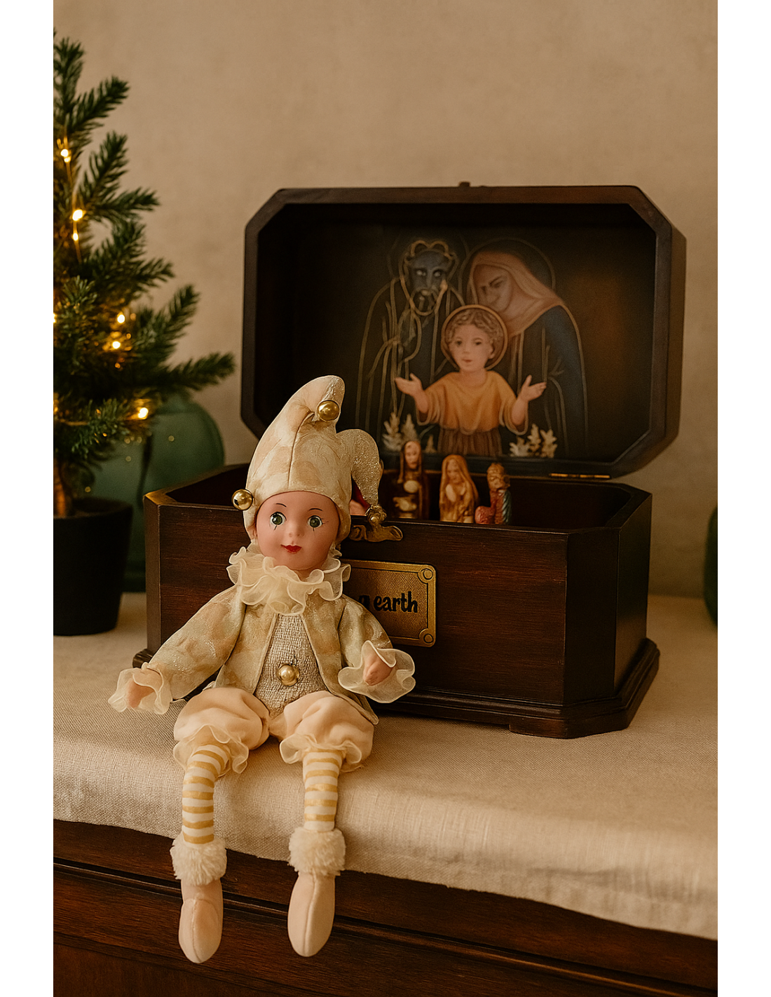 Giullare di Natale seduto verde oro 13x8x40,6cm, addobbo originale, la magia di Natale per la tua casa