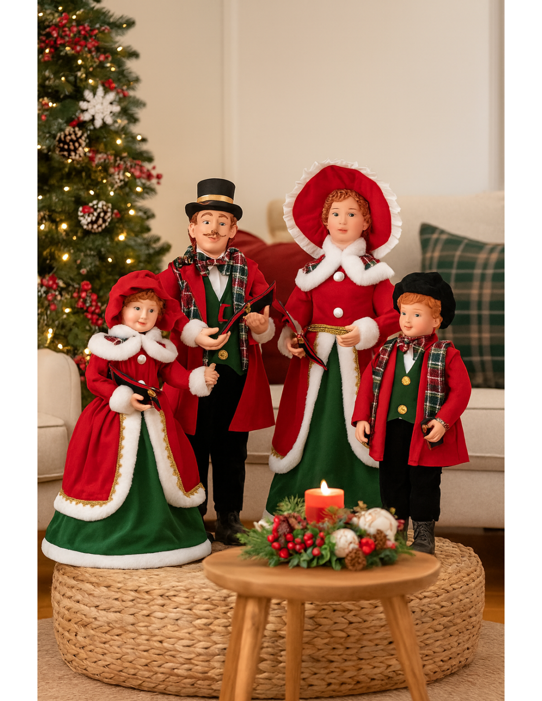 Famiglia cantori di Natale rosso verde, decorazione natalizia elegante, la magia di Natale per la tua casa
