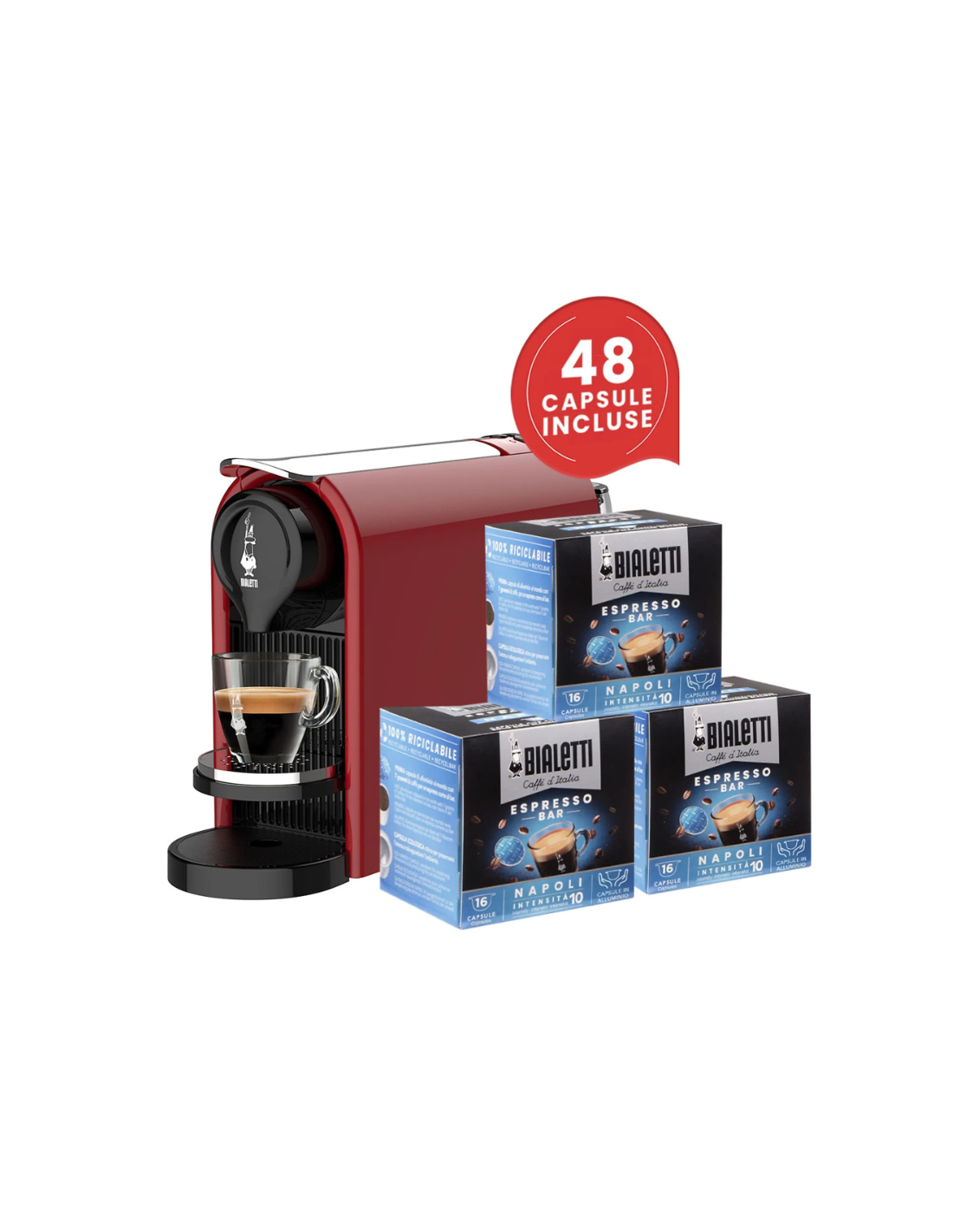 Bialetti Gioia Plus Macchina da Caffè Automatica + 48 Capsule, Rosso