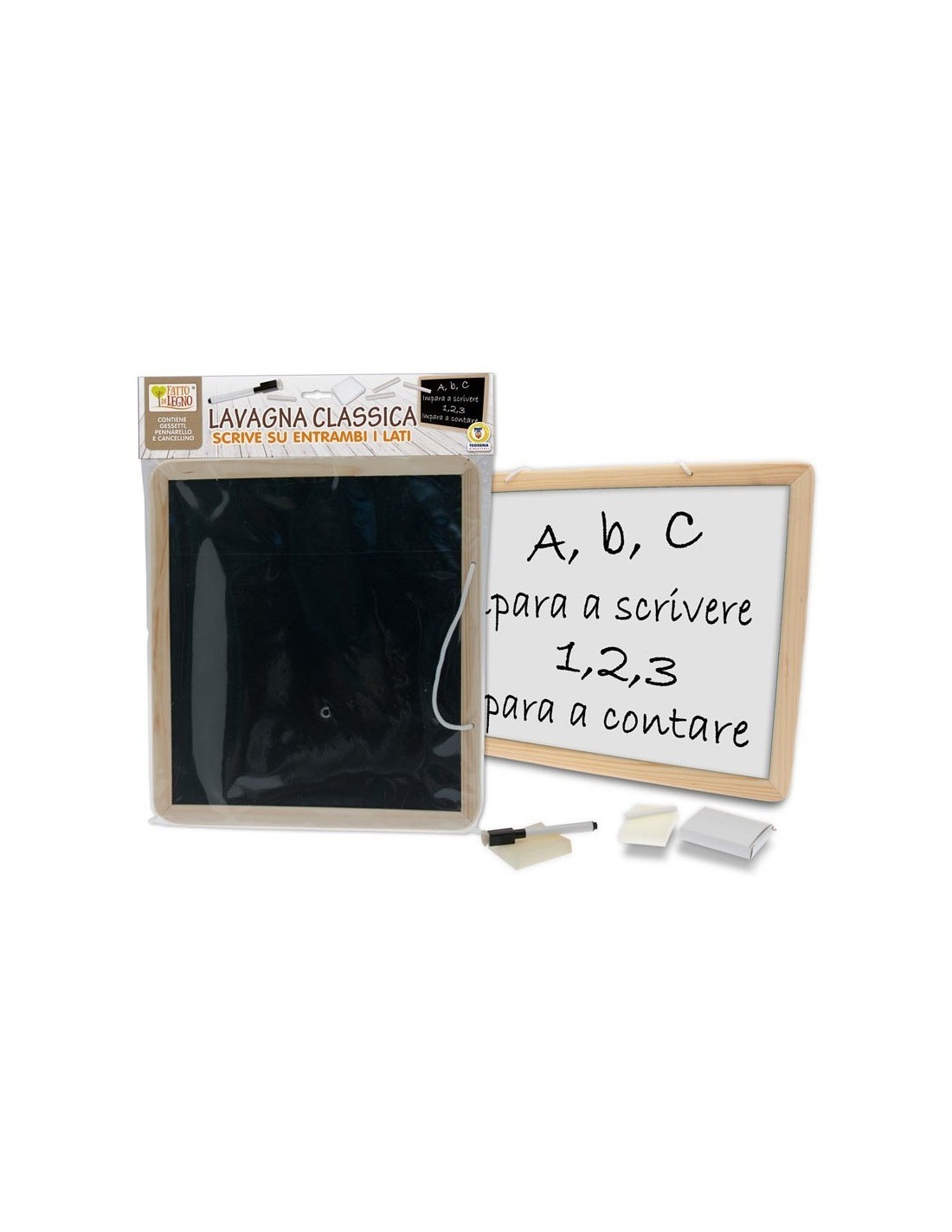 LAVAGNA 2IN1 CON GESSETTI E PENNARELLO, FATTO DI LEGNO 40154