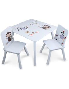TAVOLINO CON 2 SEDIE IN LEGNO, BAMBINI, 59X59X45 CM, SEDIE MAX 25 KG, DISEGNI ANIMALI, FATTO DI LEGNO 40646