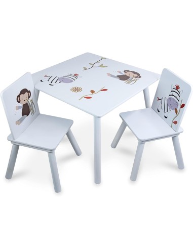 TAVOLINO CON 2 SEDIE IN LEGNO, BAMBINI, 59X59X45 CM, SEDIE MAX 25 KG, DISEGNI ANIMALI, FATTO DI LEGNO 40646