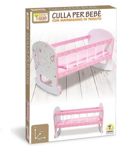 CULLA PER BAMBOLE ROSA A DONDOLO, LETTINO GIOCATTOLO IN LEGNO, MATERASSINO,  E CUSCINO, DECORATA CON STELLE, FATTO DI LEGNO