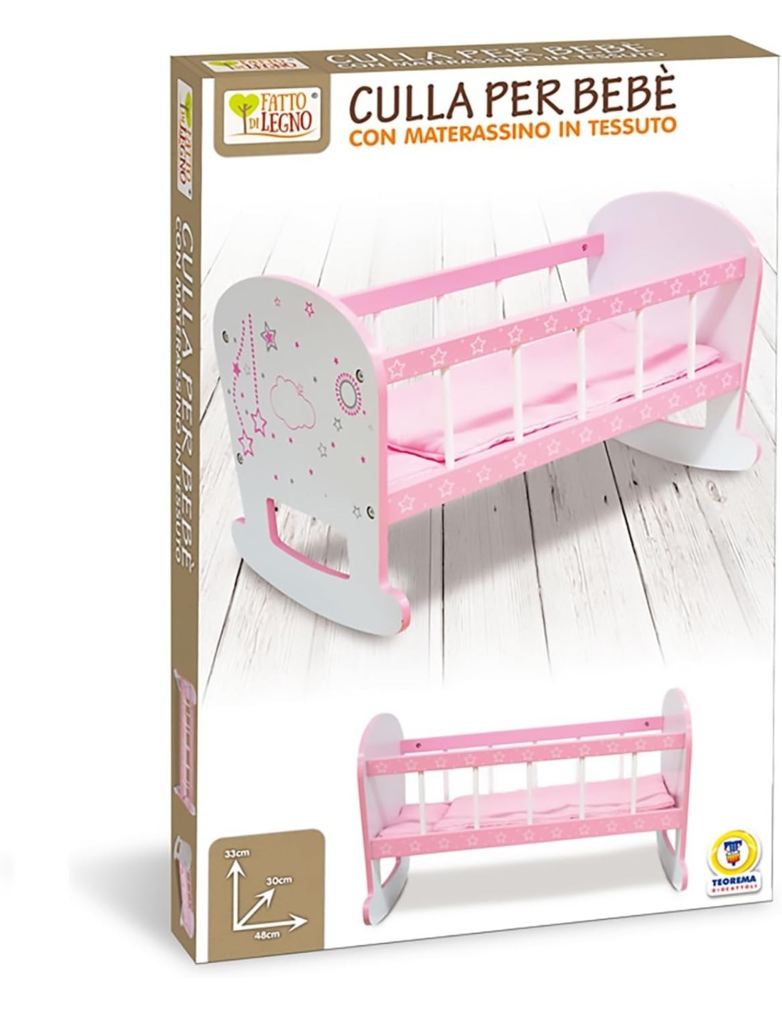 CULLA PER BAMBOLE ROSA A DONDOLO, LETTINO GIOCATTOLO IN LEGNO, MATERASSINO,  E CUSCINO, DECORATA CON STELLE, FATTO DI LEGNO