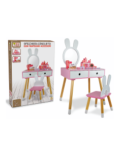 SPECCHIERA CONIGLIETTA IN LEGNO, TAVOLINO E SEDIA PER BAMBINI, 3+ ANNI, GIOCO EDUCATIVO, FATTO DI LEGNO - GIOCO EDUCATIVO