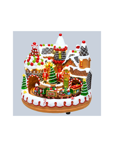 Villaggio di Natale Candy Village 27x25cm, Trenino Rotante, LED Bianco Caldo, Trasformatore Incluso