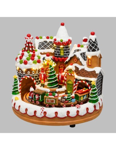 Villaggio di Natale Candy Village 27x25cm, Trenino Rotante, LED Bianco Caldo, Trasformatore Incluso