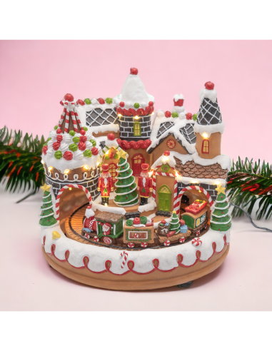 Villaggio di Natale Candy Village 27x25cm, Trenino Rotante, LED Bianco Caldo, Trasformatore Incluso