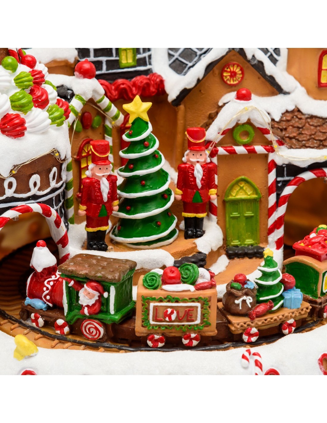 Villaggio di Natale Candy Village 27x25cm, Trenino Rotante, LED Bianco Caldo, Trasformatore Incluso