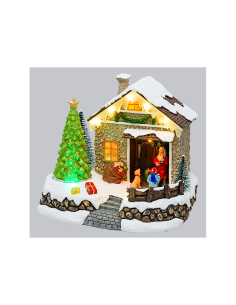 Villaggio di Natale Casa di Babbo Natale 20x17cm, Albero Rotante, LED Colorati, Batteria o Trasformatore