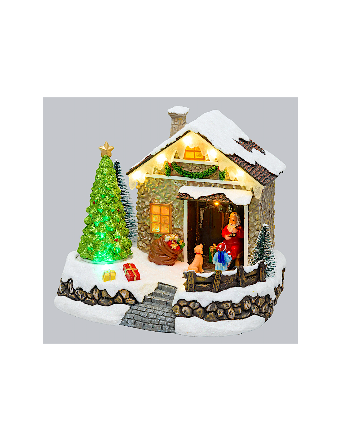 Villaggio di Natale Casa di Babbo Natale 20x17cm, Albero Rotante, LED Colorati, Batteria o Trasformatore