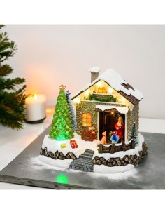 Villaggio di Natale Casa di Babbo Natale 20x17cm, Albero Rotante, LED Colorati, Batteria o Trasformatore