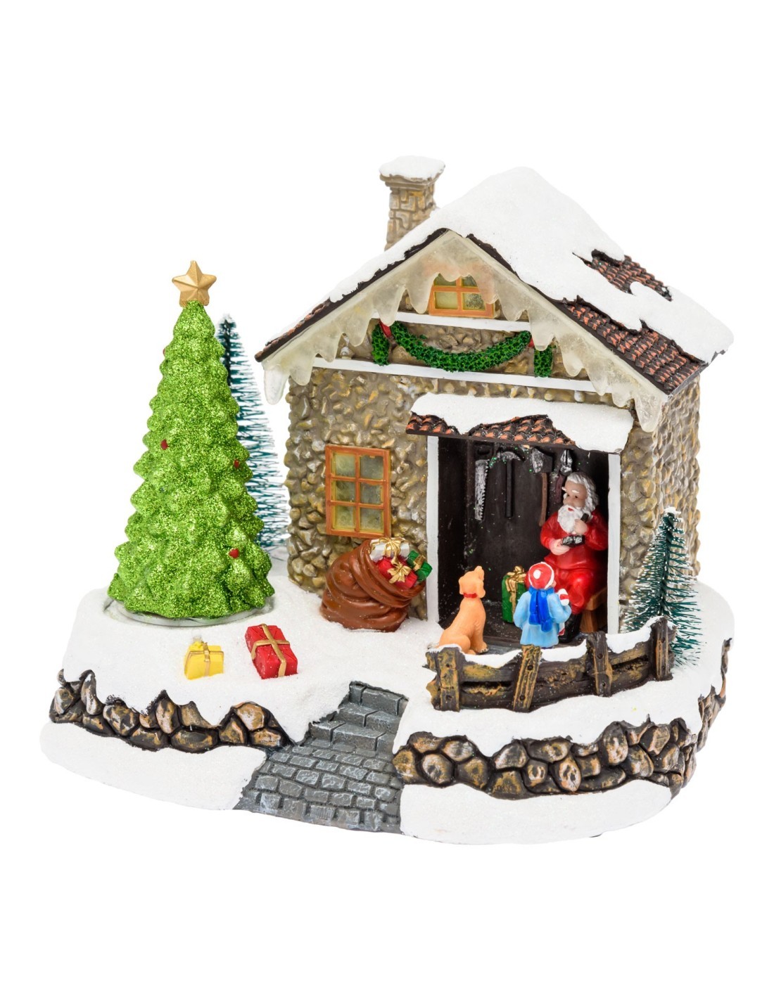 Villaggio di Natale Casa di Babbo Natale 20x17cm, Albero Rotante, LED Colorati, Batteria o Trasformatore