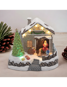 Villaggio di Natale Casa di Babbo Natale 20x17cm, Albero Rotante, LED Colorati, Batteria o Trasformatore