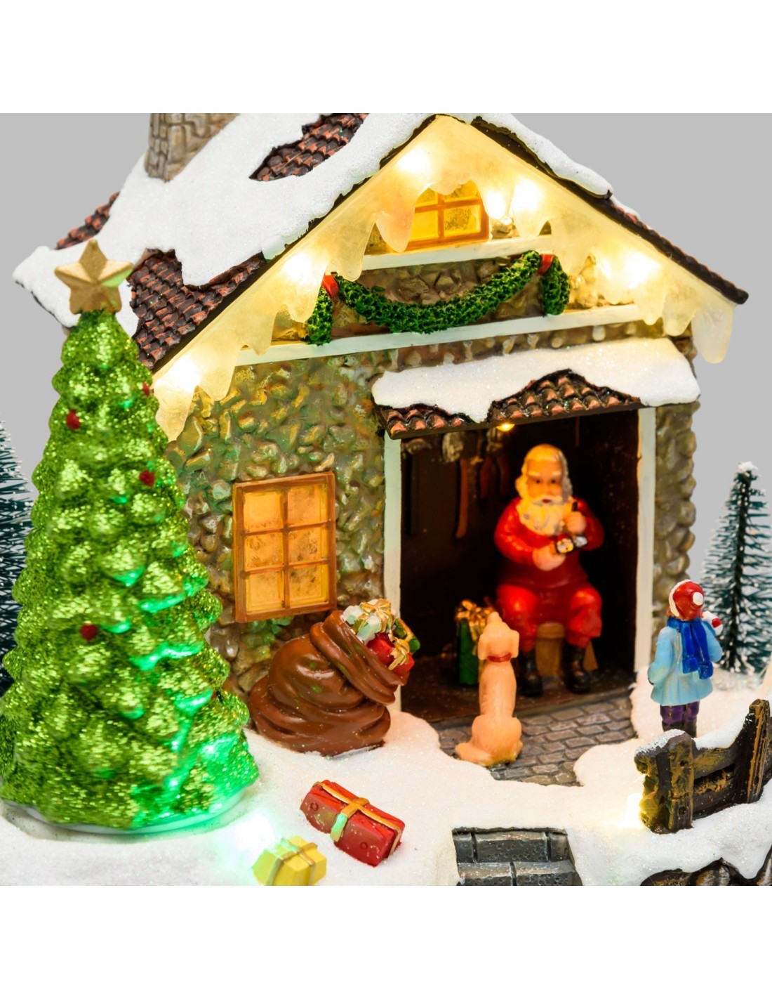 Villaggio di Natale Casa di Babbo Natale 20x17cm, Albero Rotante, LED Colorati, Batteria o Trasformatore