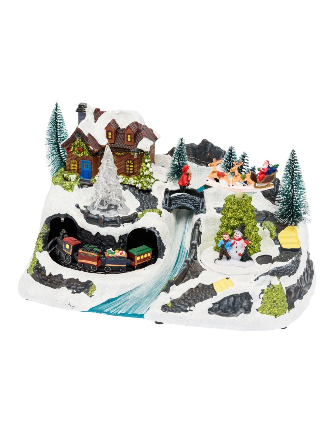 Villaggio di Natale Paesaggio Innevato 30x18cm, Trenino e Slitta Rotanti,  La magia di natale per decorazioni