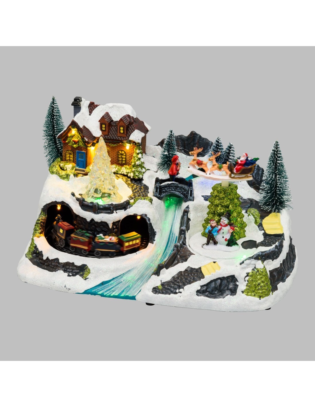 Villaggio di Natale Paesaggio Innevato 30x18cm, Trenino e Slitta Rotanti,  La magia di natale per decorazioni