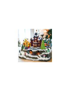 Villaggio di Natale Innevato con Chiesa 34x27cm, Trenino e Giostra Rotanti, Albero Luminoso, La magia di natale per decorazioni