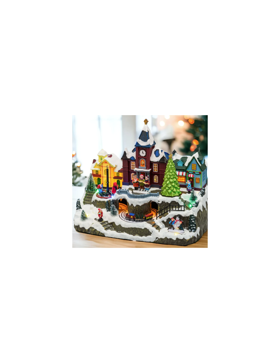 Villaggio di Natale Innevato con Chiesa 34x27cm, Trenino e Giostra Rotanti, Albero Luminoso, La magia di natale per decorazioni