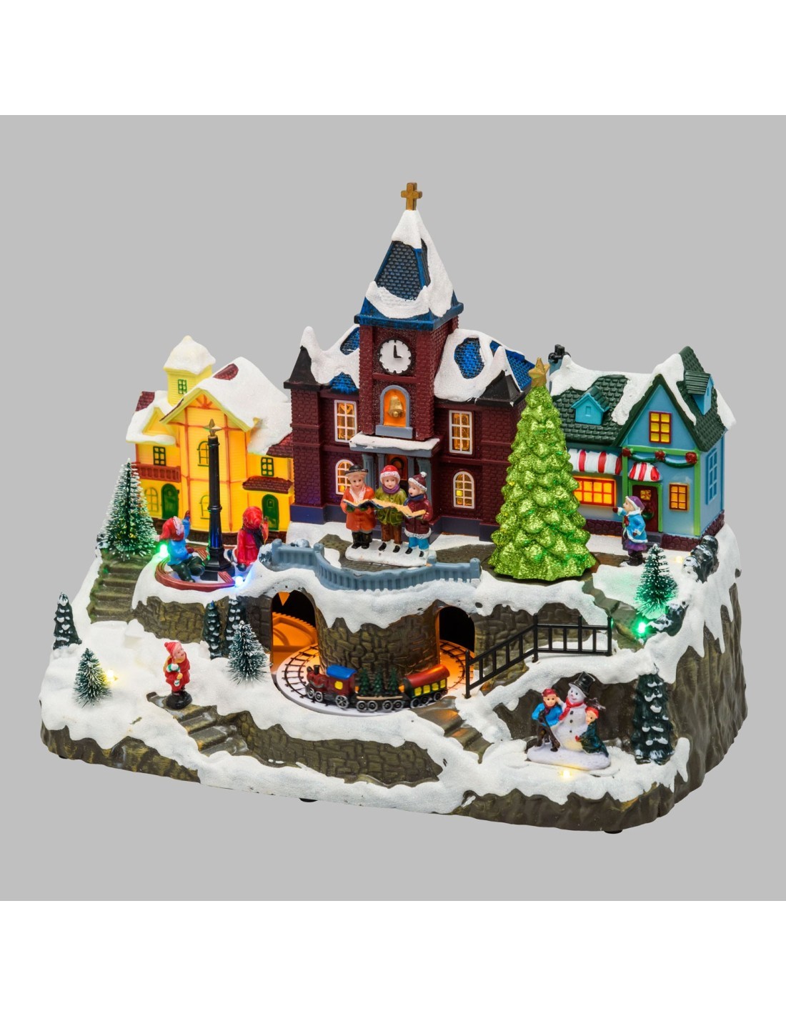 Villaggio di Natale Innevato con Chiesa 34x27cm, Trenino e Giostra Rotanti, Albero Luminoso, La magia di natale per decorazioni