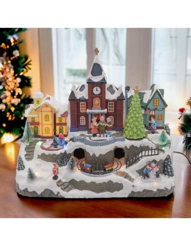 Villaggio di Natale Innevato con Chiesa 34x27cm, Trenino e Giostra Rotanti, Albero Luminoso, La magia di natale per decorazioni