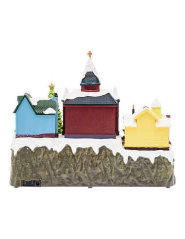 Villaggio di Natale Innevato con Chiesa 34x27cm, Trenino e Giostra Rotanti, Albero Luminoso, La magia di natale per decorazioni