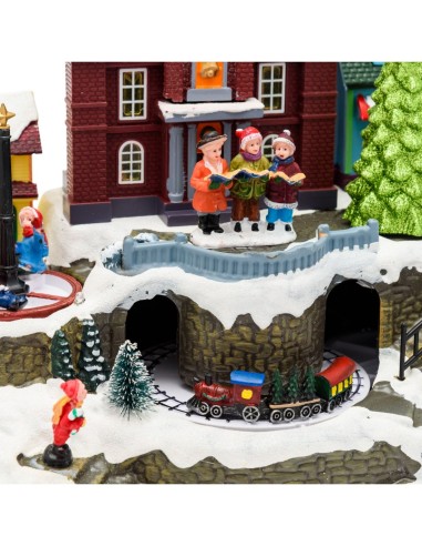 Villaggio di Natale Innevato con Chiesa 34x27cm, Trenino e Giostra Rotanti, Albero Luminoso, La magia di natale per decorazioni