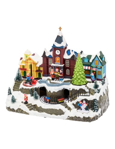 Villaggio di Natale Innevato con Chiesa 34x27cm, Trenino e Giostra Rotanti, Albero Luminoso, La magia di natale per decorazioni