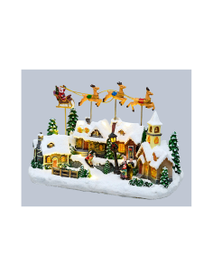 Villaggio di Natale Innevato con Chiesa 34x23cm, Babbo Natale su Slitta Volante, Renne in Movimento