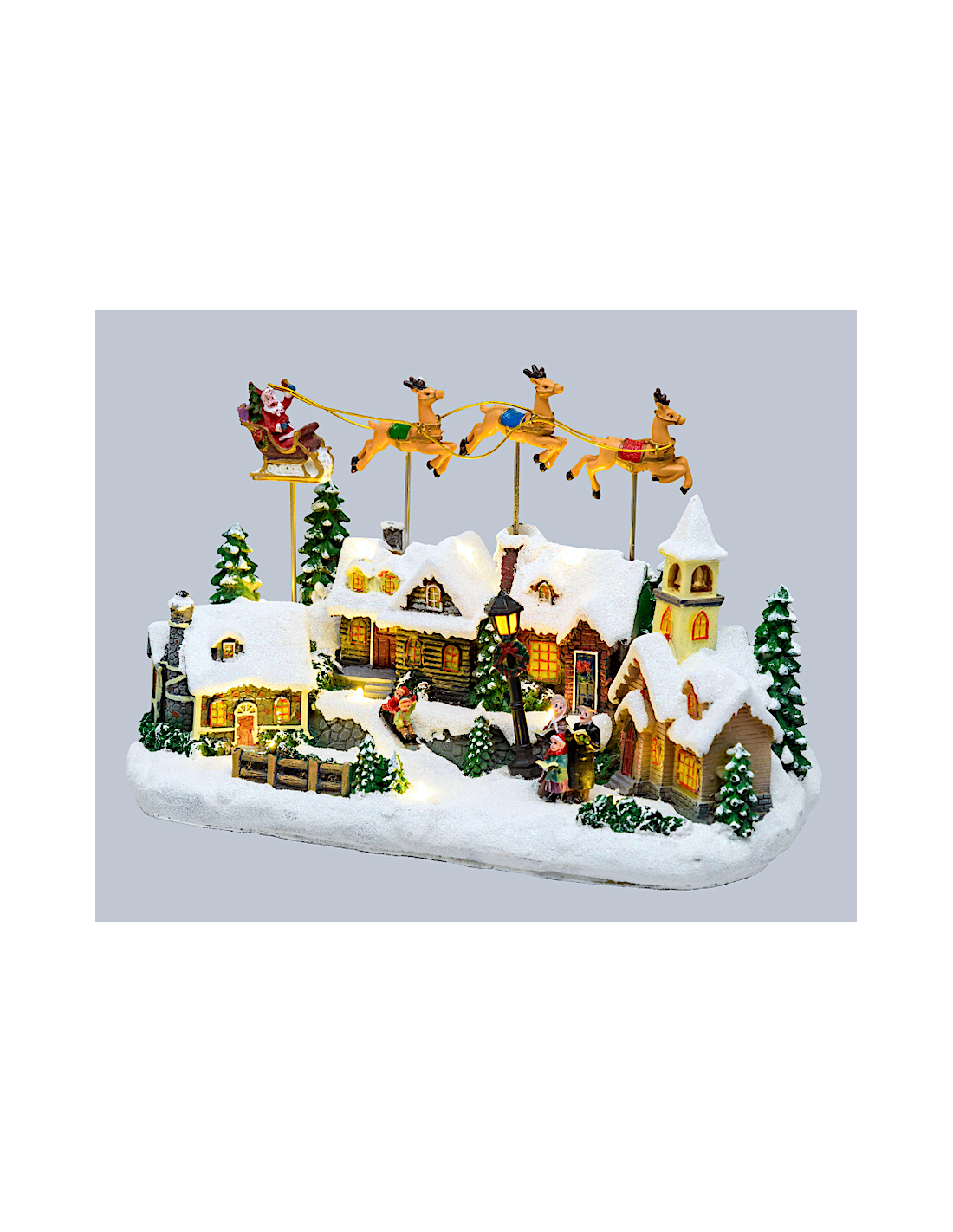 Villaggio di Natale Innevato con Chiesa 34x23cm, Babbo Natale su Slitta Volante, Renne in Movimento