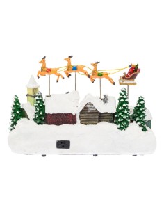 Villaggio di Natale Innevato con Chiesa 34x23cm, Babbo Natale su Slitta Volante, Renne in Movimento