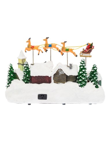 Villaggio di Natale Innevato con Chiesa 34x23cm, Babbo Natale su Slitta Volante, Renne in Movimento
