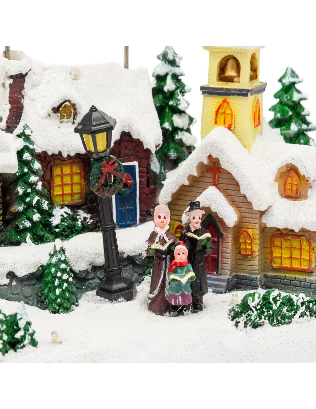 Villaggio di Natale Innevato con Chiesa 34x23cm, Babbo Natale su Slitta Volante, Renne in Movimento