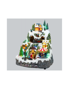 Villaggio di Natale Paesaggio Innevato 28x31cm, Trenino Albero e Babbo Rotanti, LED Colorati, Musica Natalizia, Trasformatore