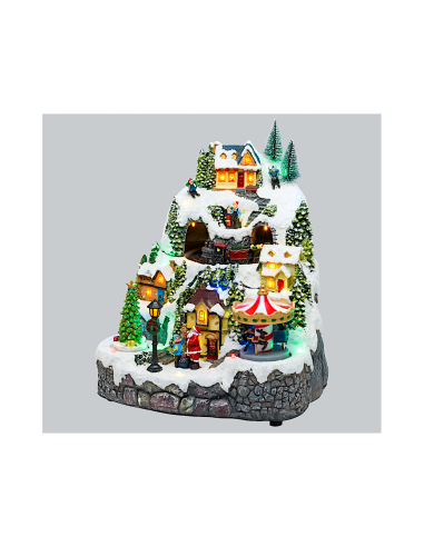 Villaggio di Natale Paesaggio Innevato 28x31cm, Trenino Albero e Babbo Rotanti, LED Colorati, Musica Natalizia, Trasformatore