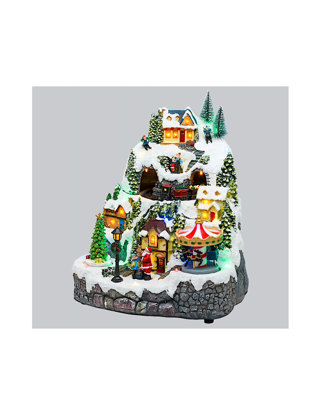 Villaggio di Natale Paesaggio Innevato 28x31cm, Trenino Albero e Babbo Rotanti, LED Colorati, Musica Natalizia, Trasformatore
