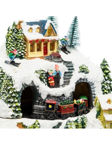 Villaggio di Natale Paesaggio Innevato 28x31cm, Trenino Albero e Babbo Rotanti, LED Colorati, Musica Natalizia, Trasformatore